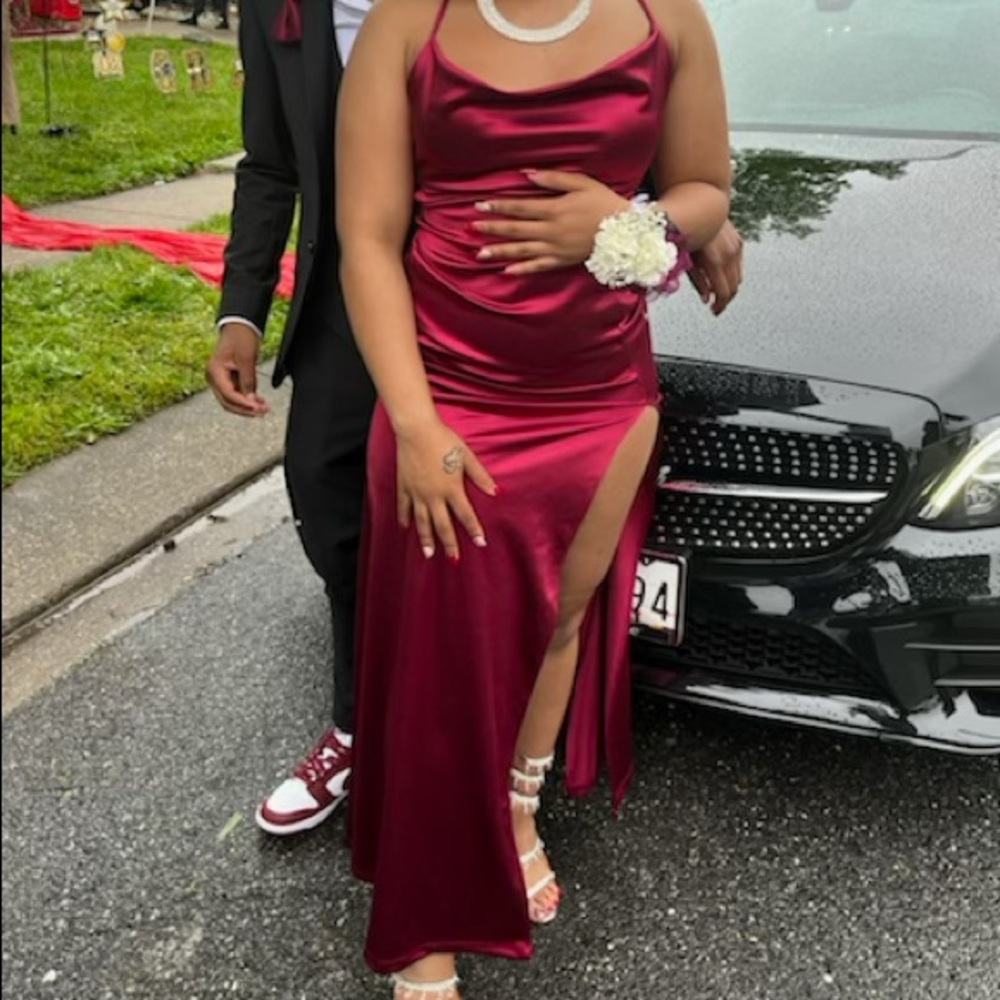 this is a satin prom dress only worn once